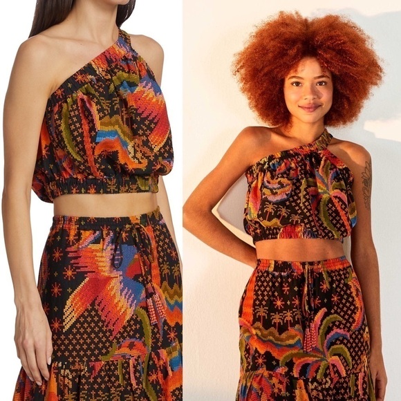 NWT FARM RIO Linen Tropical Faux Embroidery Sleeveless One Shoulder Crop Top S - Picture 4 of 16